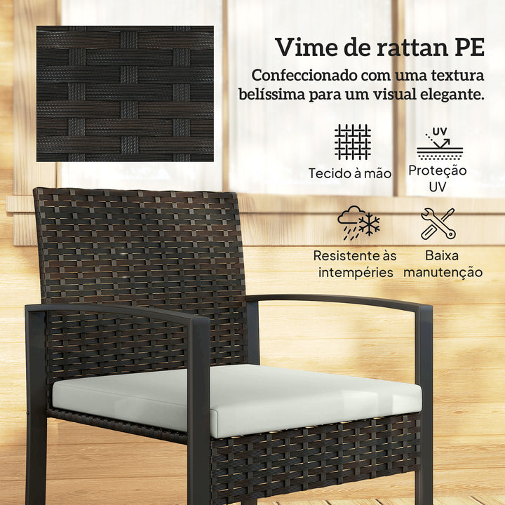Conjunto de Móveis de Exterior de 3 Peças Conjunto de Jardim em Vime PE com Cadeiras Mesa de Vidro Temperado e Almofadas Móveis para Balcão Marrom Escuro e Creme