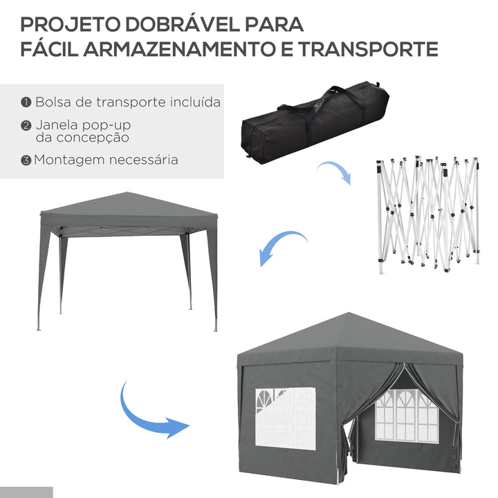 Tenda de Jardim com Paredes Laterais Amovíveis Janelas Porta com Fecho de Correr e Bolsa de Transporte 295x295x196-258 cm Cinzento