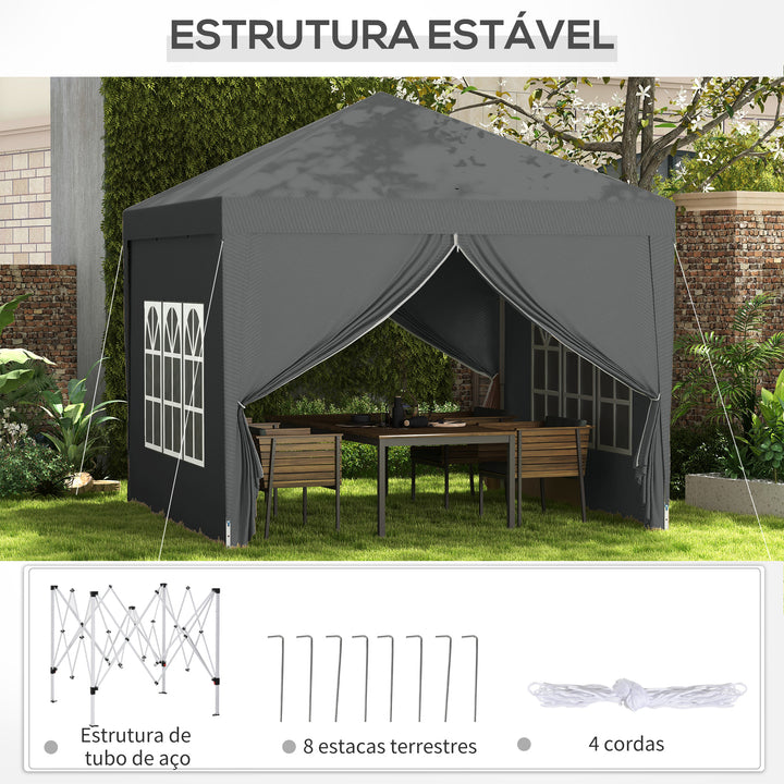 Tenda de Jardim com Paredes Laterais Amovíveis Janelas Porta com Fecho de Correr e Bolsa de Transporte 295x295x196-258 cm Cinzento