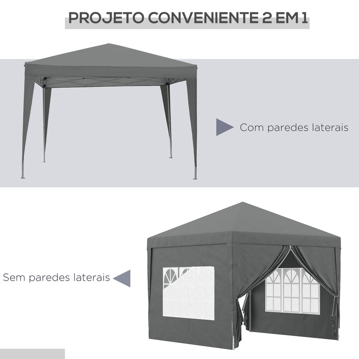 Tenda de Jardim com Paredes Laterais Amovíveis Janelas Porta com Fecho de Correr e Bolsa de Transporte 295x295x196-258 cm Cinzento