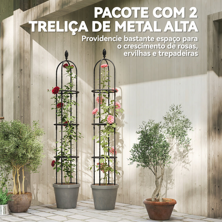 Conjunto de 2 Obeliscos de Jardim em Aço 1,74 m Treliças para Plantas Trepadeiras Rosas Frutas Legumes Suportes Decorativos para Exterior Pátio Terraço Preto