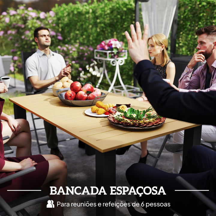 Mesa de Jardim Retangular Mesa de Exterior 150x90x73 cm com Pés de Aço Orifício para Chapéu de Sol e Desenho em Ripas Capacidade de Carga de 70 kg para Pátio Marrom Claro