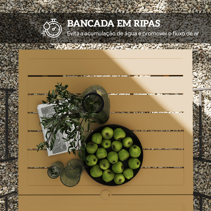 Mesa de Jardim Retangular Mesa de Exterior 150x90x73 cm com Pés de Aço Orifício para Chapéu de Sol e Desenho em Ripas Capacidade de Carga de 70 kg para Pátio Marrom Claro