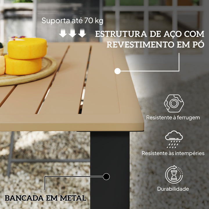 Mesa de Jardim Retangular Mesa de Exterior 150x90x73 cm com Pés de Aço Orifício para Chapéu de Sol e Desenho em Ripas Capacidade de Carga de 70 kg para Pátio Marrom Claro