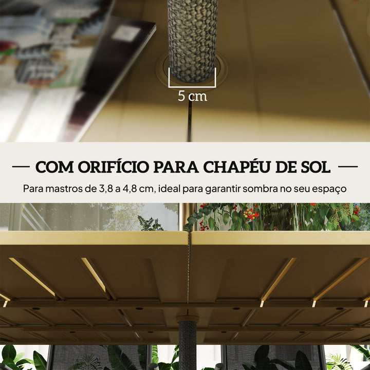 Mesa de Jardim Retangular Mesa de Exterior 150x90x73 cm com Pés de Aço Orifício para Chapéu de Sol e Desenho em Ripas Capacidade de Carga de 70 kg para Pátio Marrom Claro