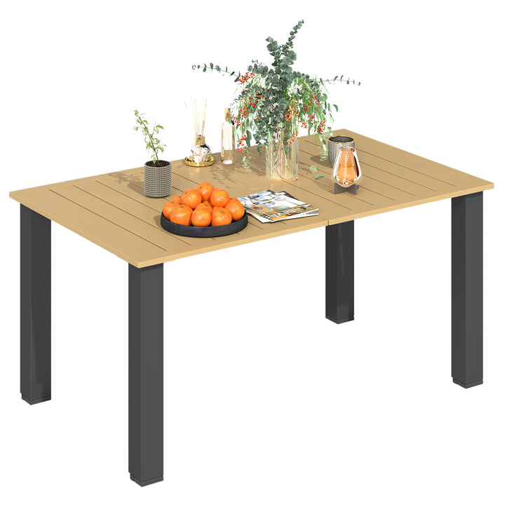 Mesa de Jardim Retangular Mesa de Exterior 150x90x73 cm com Pés de Aço Orifício para Chapéu de Sol e Desenho em Ripas Capacidade de Carga de 70 kg para Pátio Marrom Claro