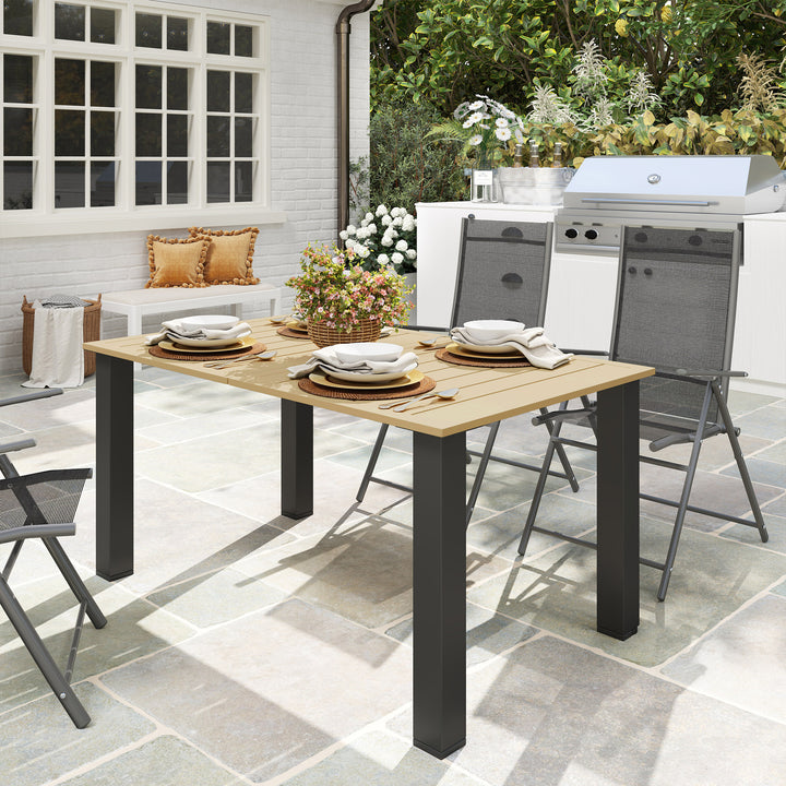 Mesa de Jardim Retangular Mesa de Exterior 150x90x73 cm com Pés de Aço Orifício para Chapéu de Sol e Desenho em Ripas Capacidade de Carga de 70 kg para Pátio Marrom Claro