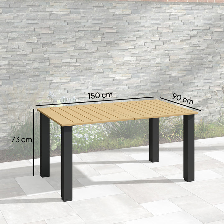 Mesa de Jardim Retangular Mesa de Exterior 150x90x73 cm com Pés de Aço Orifício para Chapéu de Sol e Desenho em Ripas Capacidade de Carga de 70 kg para Pátio Marrom Claro