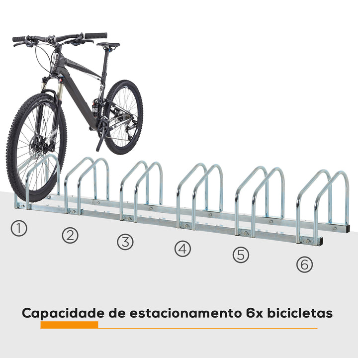 Estacionamento para 6 Bicicletas Suporte de Aço para Estacionar Bicicletas no Chão para Interior e Exterior 179x33x27 cm Prata