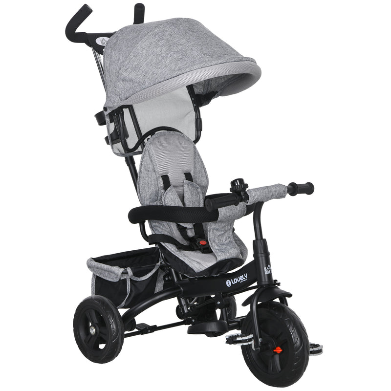 Triciclo para Bebés 2 em 1 Triciclo Evolutivo para Crianças de +12 Meses com Toldo Dobrável Guiador Telescópico e Removível Cinto de Segurança e Cesto 95x50x106 cm Cinza