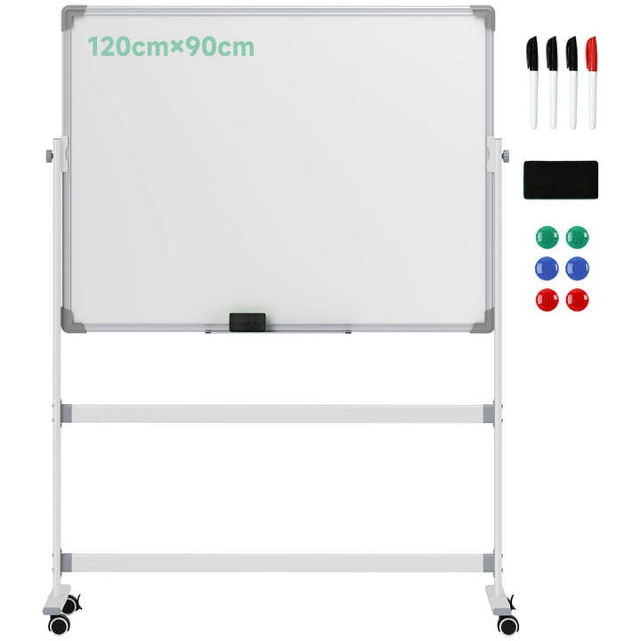 Quadro Magnético de Dupla Face 120x90 cm Quadro Branco Giratório com Suporte Ímanes Marcadores e Apagador para Escritório Sala de Aula Branco