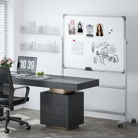 Quadro Magnético de Dupla Face 120x90 cm Quadro Branco Giratório com Suporte Ímanes Marcadores e Apagador para Escritório Sala de Aula Branco