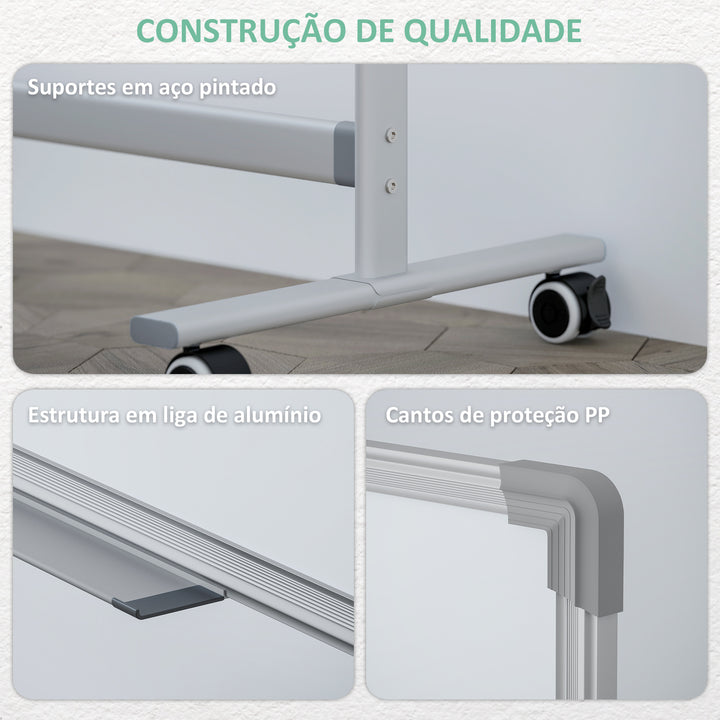 Quadro Magnético de Dupla Face 120x90 cm Quadro Branco Giratório com Suporte Ímanes Marcadores e Apagador para Escritório Sala de Aula Branco