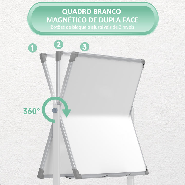 Quadro Magnético de Dupla Face 120x90 cm Quadro Branco Giratório com Suporte Ímanes Marcadores e Apagador para Escritório Sala de Aula Branco