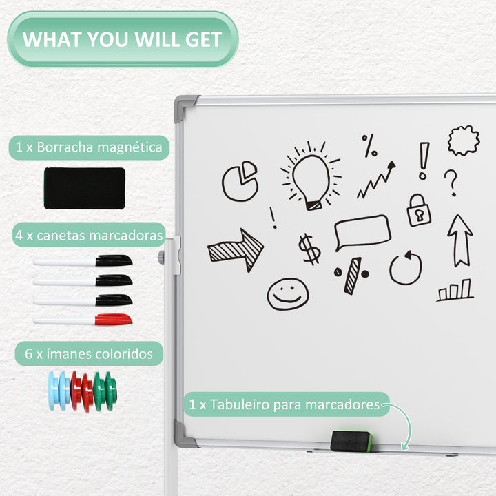 Quadro Magnético de Dupla Face 120x90 cm Quadro Branco Giratório com Suporte Ímanes Marcadores e Apagador para Escritório Sala de Aula Branco