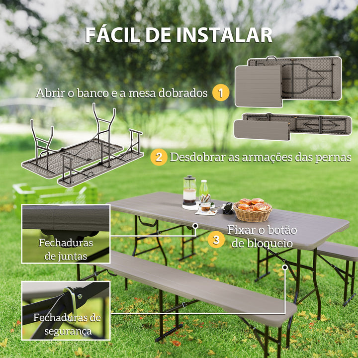 Conjunto de Campismo Dobrável de 3 Peças Mesa Dobrável Campismo com Bancos Inclui 1 Mesa 180x74x74 cm e 2 Bancos 182x28x42 cm Efeito Madeira para Acampamentos Jardim Piquenique Marrom