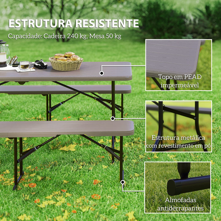 Conjunto de Campismo Dobrável de 3 Peças Mesa Dobrável Campismo com Bancos Inclui 1 Mesa 180x74x74 cm e 2 Bancos 182x28x42 cm Efeito Madeira para Acampamentos Jardim Piquenique Marrom