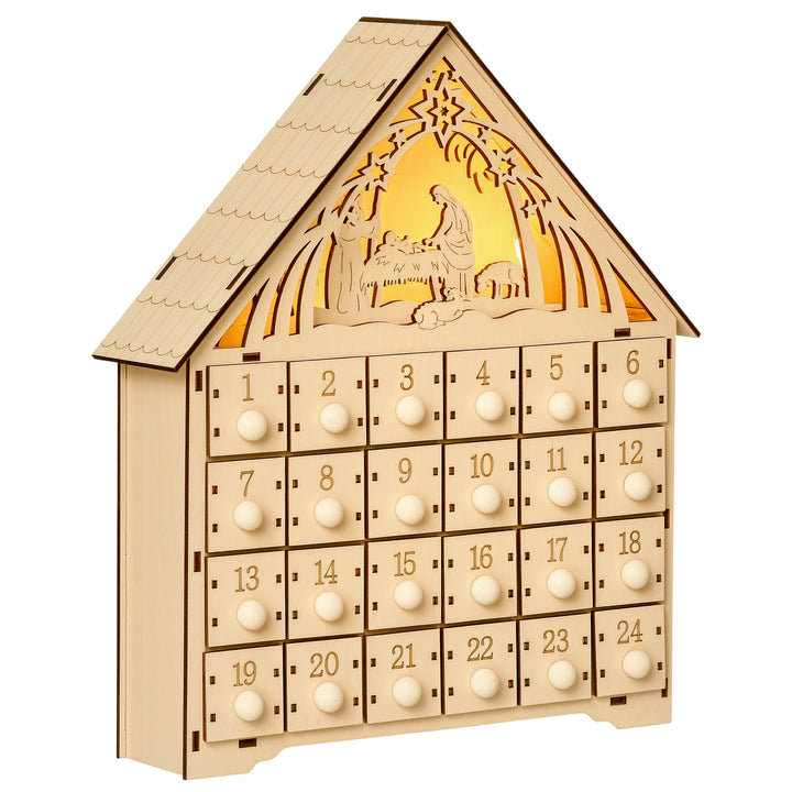Calendário de Advento de Madeira com Luzes Calendário de Advento com 24 Caixas de Contagem Regressiva Decoração de Natal 26,6x6x30 cm Madeira