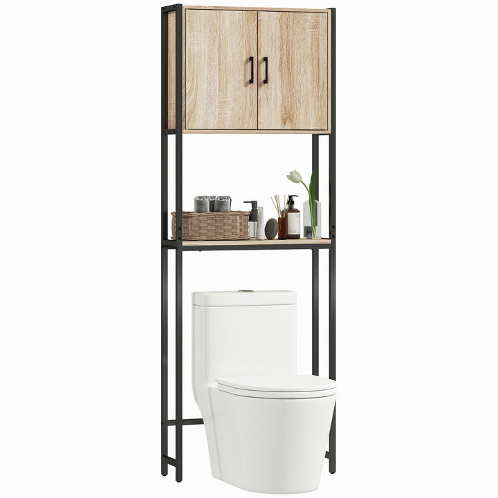 Móvel sobre Sanita Organizador sobre WC com 2 Portas Prateleira Ajustável Prateleira Aberta Estante de Casa de Banho sobre WC para Espaço Pequeno 64x19x178 cm Madeira