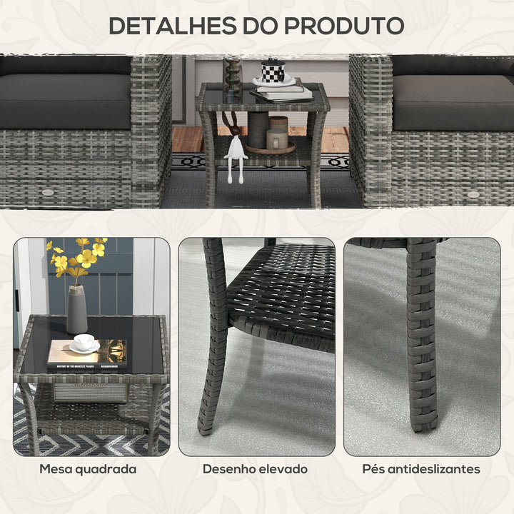 Mesa de Vime Quadrada 50x50x45 cm Mesa de Jardim e Prateleira Tampo de Vidro e Estrutura de Aço Suporta 30 kg para Terraço Pátio Cinzento
