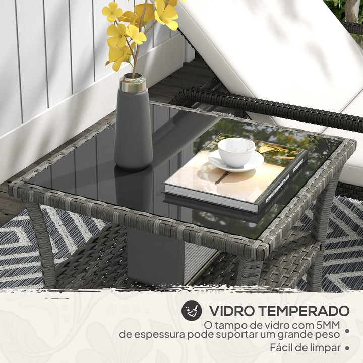 Mesa de Vime Quadrada 50x50x45 cm Mesa de Jardim e Prateleira Tampo de Vidro e Estrutura de Aço Suporta 30 kg para Terraço Pátio Cinzento