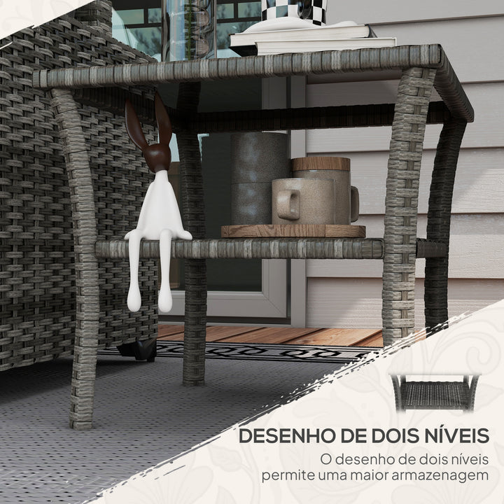 Mesa de Vime Quadrada 50x50x45 cm Mesa de Jardim e Prateleira Tampo de Vidro e Estrutura de Aço Suporta 30 kg para Terraço Pátio Cinzento