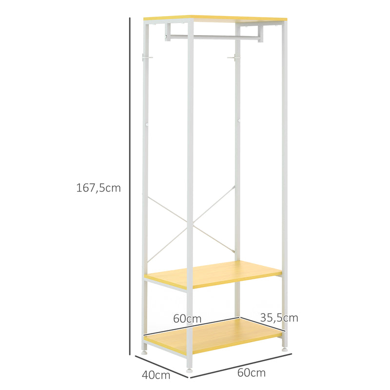 Suporte para Cabide com Barra Suspensa e 2 Estantes de Armazenamento para 6 Pares de Sapatos para Entrada Corredor Quarto 60x40x167,5 cm Natural e Branco