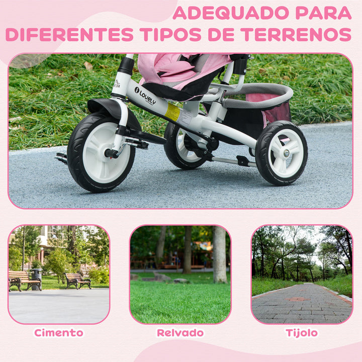 Triciclo para Bebés Triciclo Evolutivo para Crianças de +12 Meses com Capota Dobrável Guiador Telescópico e Removível Bolsa e Porta-Garrafas 102x49x102 cm Rosa