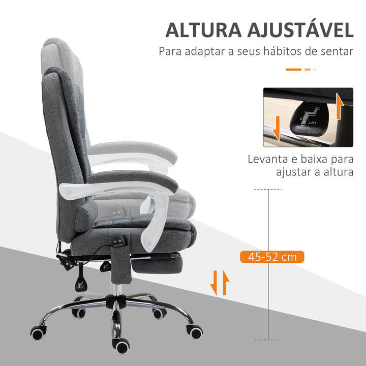 Cadeira de Massagem com 6 Pontos de Massagem Cadeira de Escritório Reclinável com Altura Ajustável Função de Aquecimento Apoio para os Pés e Controlo Remoto 65x70x111-119 cm Cinza