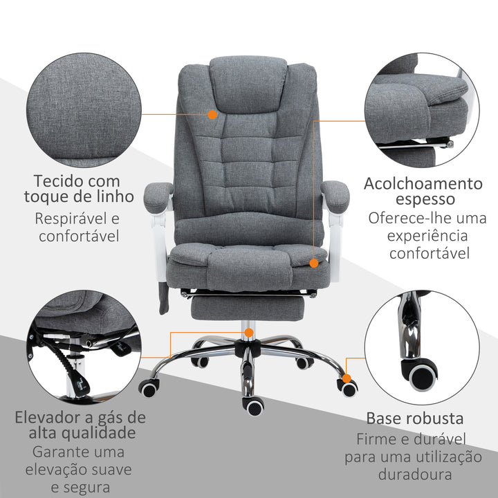 Cadeira de Massagem com 6 Pontos de Massagem Cadeira de Escritório Reclinável com Altura Ajustável Função de Aquecimento Apoio para os Pés e Controlo Remoto 65x70x111-119 cm Cinza