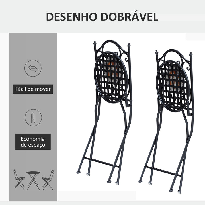 Conjunto de 2 Cadeiras Dobráveis de Jardim Bistrô Cadeira Assento Mosaico para Terraço Varanda Aço Carga 120kg
