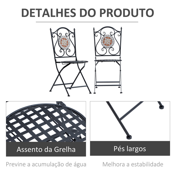 Conjunto de 2 Cadeiras Dobráveis de Jardim Bistrô Cadeira Assento Mosaico para Terraço Varanda Aço Carga 120kg
