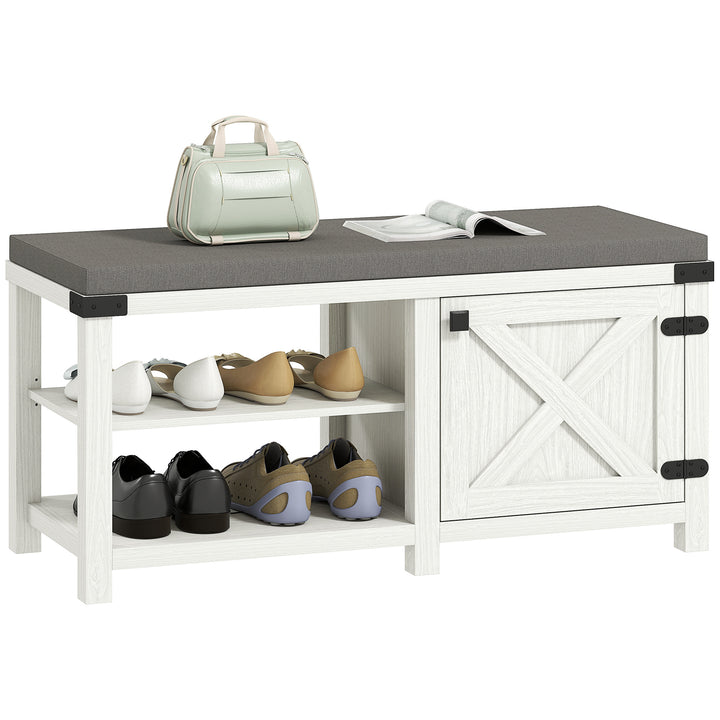 Banco Sapateira Rústico Sapateira com Assento Organizador de Sapatos com Compartimentos Almofada para 7 Pares de Sapatos para Entrada Sala de Estar Quarto 100x40x48 cm Branco com Veios e Cinza