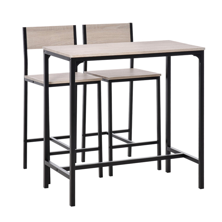 Conjunto de Mesa de Bar com 2 Bancos Conjunto de 3 Peças com 2 Bancos com Encosto e Apoio para Pés Desenho Industrial para Cozinha Sala de Estar Bar Madeira e Preto