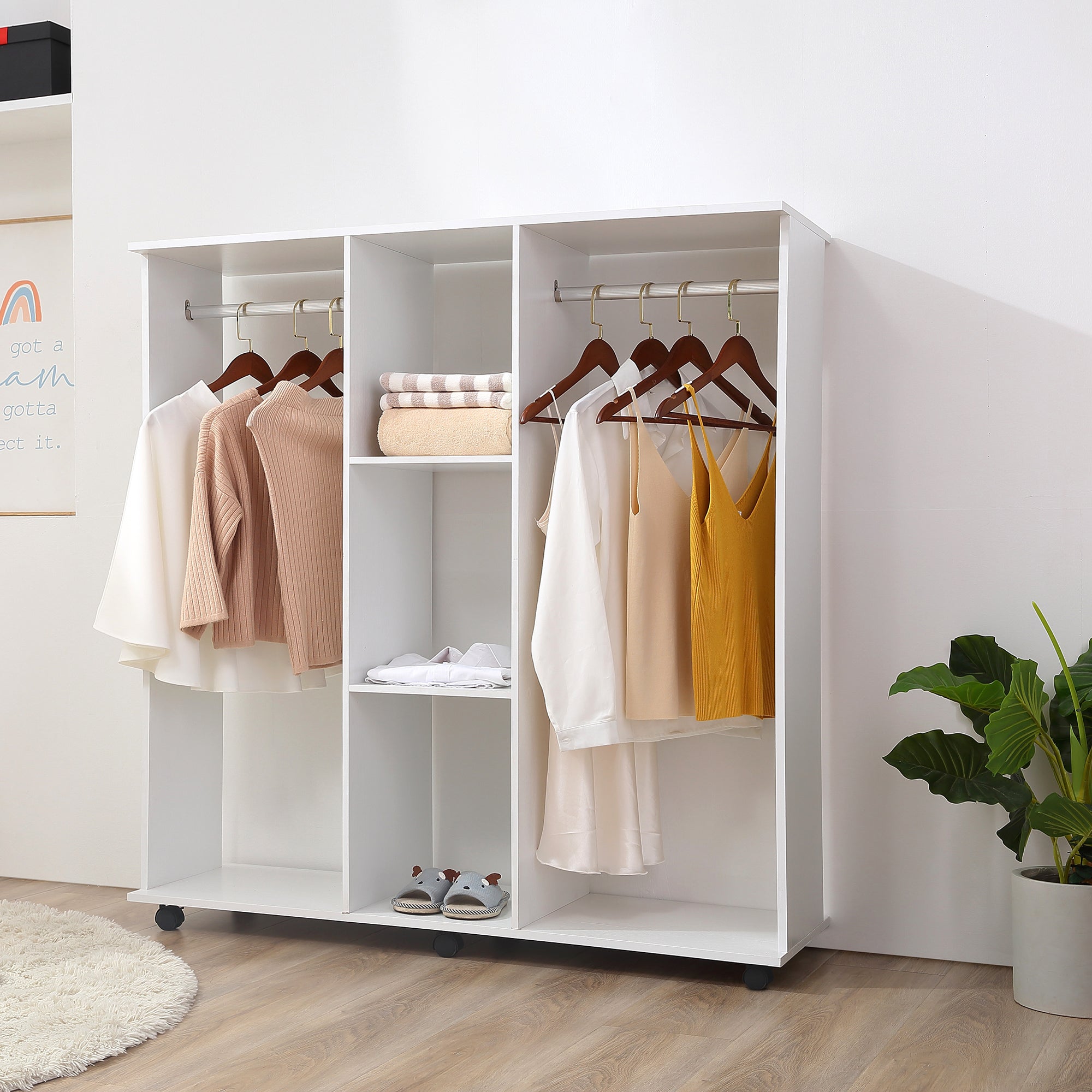 Roupeiro de Madeira Móvel Armário Roupeiro Aberto com 2 Barras para Pendurar e 3 Prateleiras Organizadoras para Dormitório 120x40x128 cm Branco
