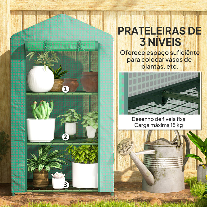 Estufa de Jardim de 3 Níveis Estufa de Exterior com 3 Prateleiras Porta Enrolável Estrutura Metálica Cobertura de PE Anti-UV Impermeável para Varanda e Terraço 69x49x125 cm Verde