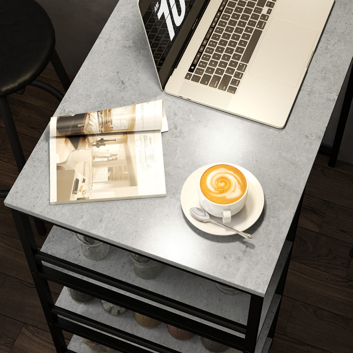 Conjunto de Mesa Alta de Bar com 2 Bancos Mesa Alta de Cozinha com Bancos Prateleiras Laterais Assento Acolchoado e Barra para Descanso dos Pés Cinza Escuro