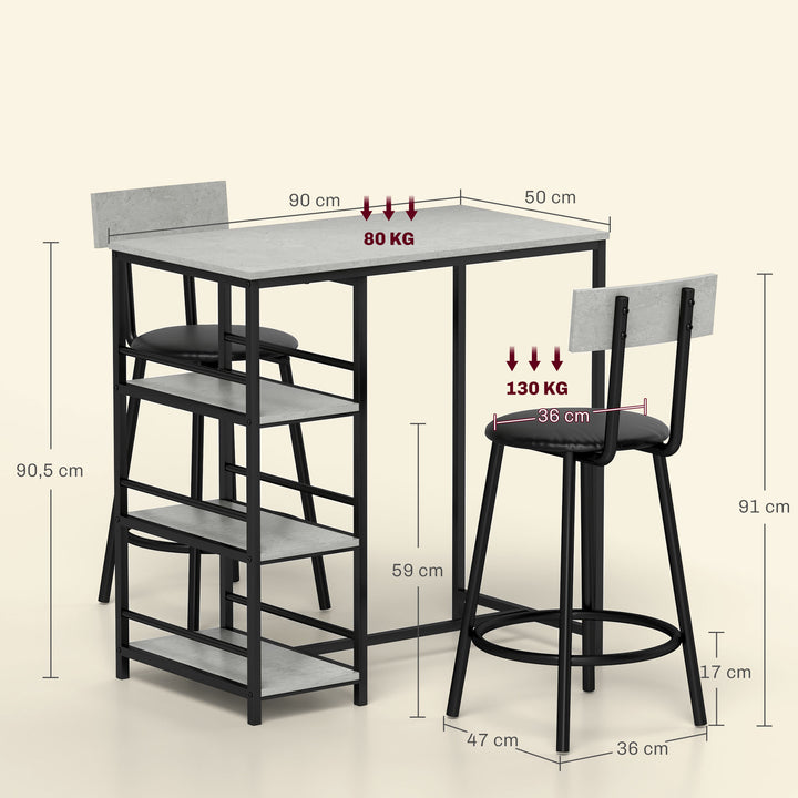 Conjunto de Mesa Alta de Bar com 2 Bancos Mesa Alta de Cozinha com Bancos Prateleiras Laterais Assento Acolchoado e Barra para Descanso dos Pés Cinza Escuro