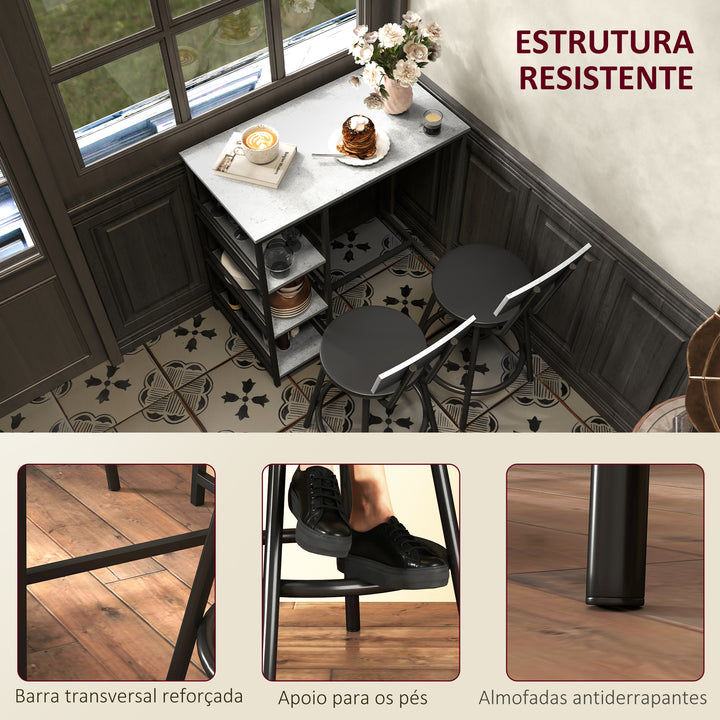 Conjunto de Mesa Alta de Bar com 2 Bancos Mesa Alta de Cozinha com Bancos Prateleiras Laterais Assento Acolchoado e Barra para Descanso dos Pés Cinza Escuro