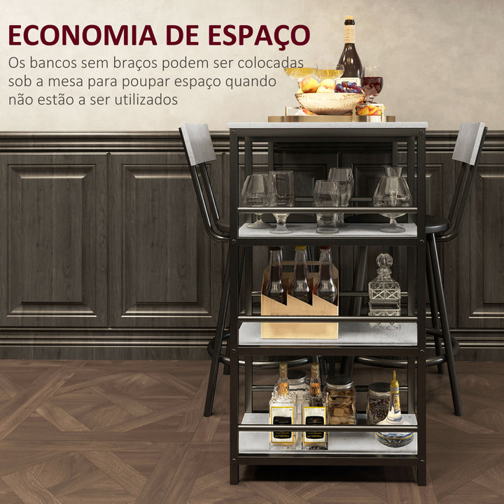 Conjunto de Mesa Alta de Bar com 2 Bancos Mesa Alta de Cozinha com Bancos Prateleiras Laterais Assento Acolchoado e Barra para Descanso dos Pés Cinza Escuro