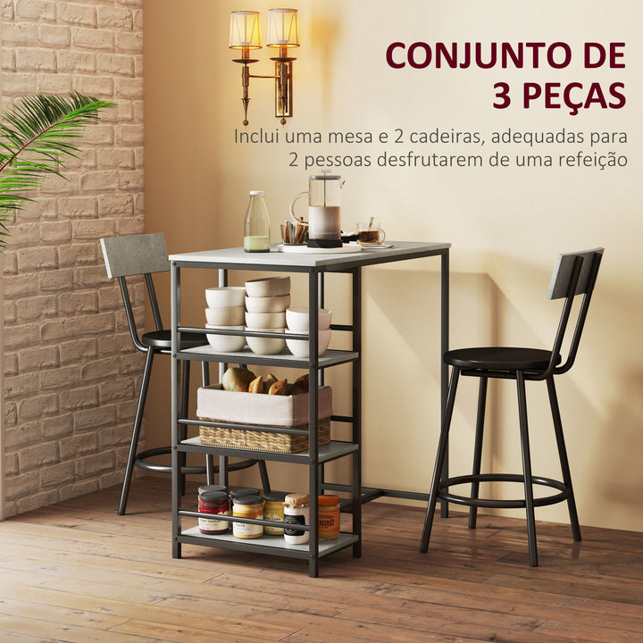 Conjunto de Mesa Alta de Bar com 2 Bancos Mesa Alta de Cozinha com Bancos Prateleiras Laterais Assento Acolchoado e Barra para Descanso dos Pés Cinza Escuro