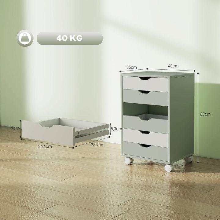 Bloco de Gavetas Móvel Arquivador com 6 Gavetas Suporte para Impressora com Rodas Guias Deslizantes Silenciosas para Escritório Casa 40x35x63 cm Verde e Branco