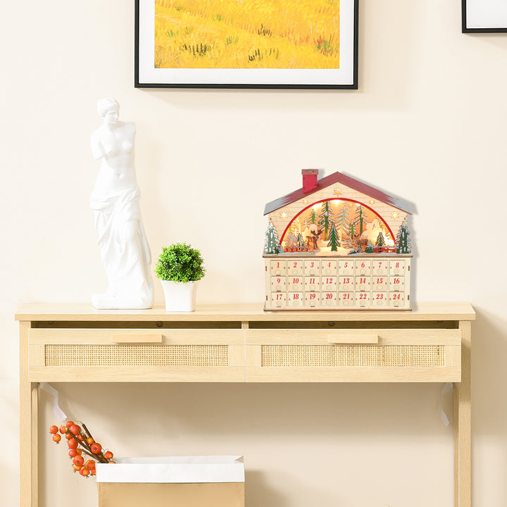 Calendário do Advento em Madeira com Luzes LED e 24 Gavetas Calendário do Advento de Natal com Cena de Vila Decoração Natalícia 36x10x34 cm Madeira e Vermelho