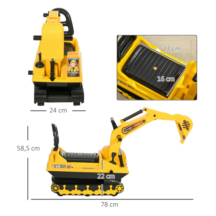 Escavadora sem Pedais com Braço Móvil Carro Andador com Assento de Armazenamento Pá Dianteira e Buzina Carga Máxima 30 kg 78x24x58,5 cm Amarelo