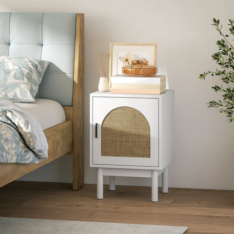 Mesa de Cabeceira Mesa de Cabeceira com Porta de Vime Prateleira Ajustável e Pés de Madeira Estilo Boémio Mesa Auxiliar para Sala de Estar Quarto 40x35x58 cm Branco