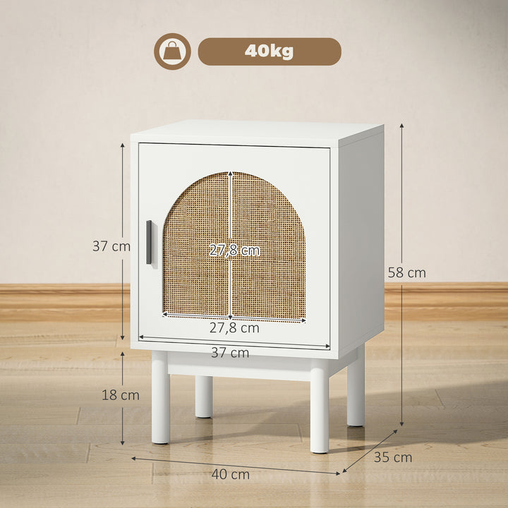 Mesa de Cabeceira Mesa de Cabeceira com Porta de Vime Prateleira Ajustável e Pés de Madeira Estilo Boémio Mesa Auxiliar para Sala de Estar Quarto 40x35x58 cm Branco