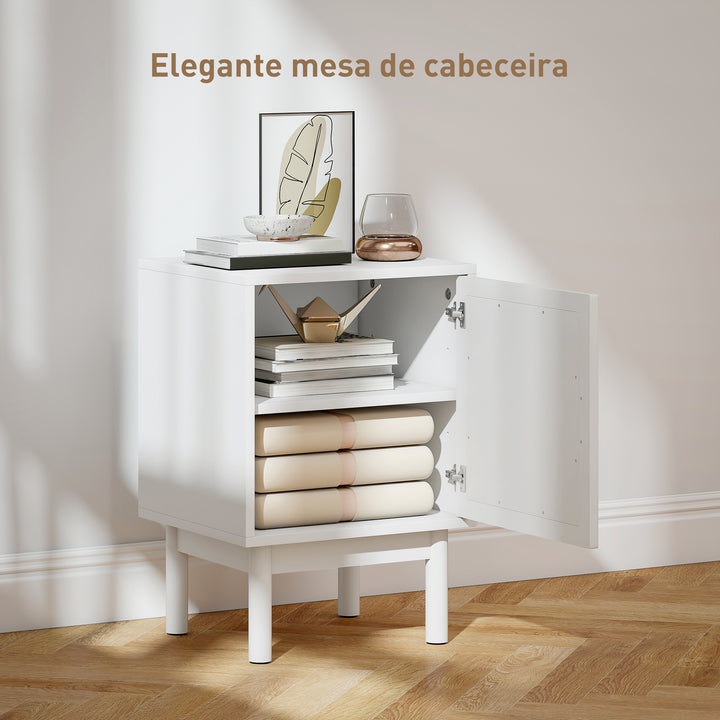 Mesa de Cabeceira Mesa de Cabeceira com Porta de Vime Prateleira Ajustável e Pés de Madeira Estilo Boémio Mesa Auxiliar para Sala de Estar Quarto 40x35x58 cm Branco