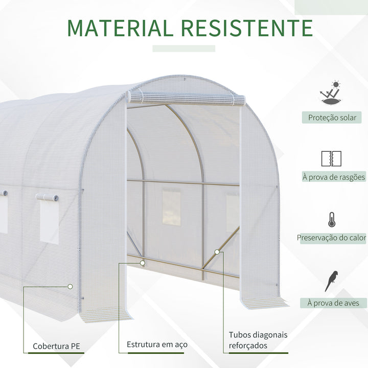 Estufa de Jardim 350x200x200 cm Estufa de Túnel com Porta Enrolável e 6 Janelas Cobertura de PE 140 g/m² Estrutura de Metal para Cultivo de Plantas Verduras Branco