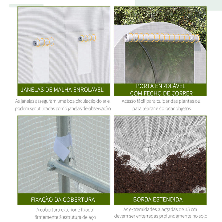 Estufa de Jardim 350x200x200 cm Estufa de Túnel com Porta Enrolável e 6 Janelas Cobertura de PE 140 g/m² Estrutura de Metal para Cultivo de Plantas Verduras Branco