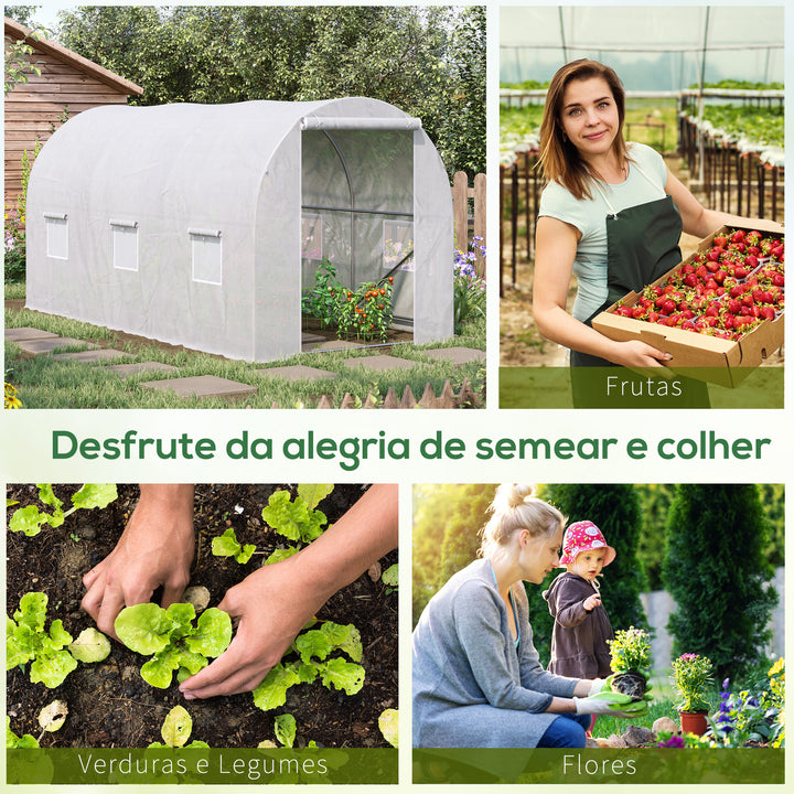 Estufa de Jardim 350x200x200 cm Estufa de Túnel com Porta Enrolável e 6 Janelas Cobertura de PE 140 g/m² Estrutura de Metal para Cultivo de Plantas Verduras Branco